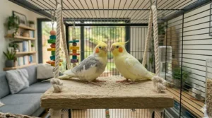 Two pet cockatiels sitting side by side on a wide rectangular wooden swing perch, showcasing its strength and stability for multiple birds.