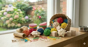 A variety pack of small shreddable toys for parrots including finger traps, palm leaf stars, and wicker balls.