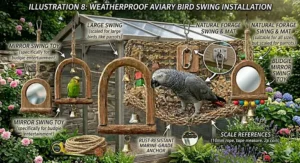 Alt text for image 9: A durable, weatherproof bird swing installed in a large British outdoor garden aviary.