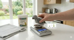 A small parrot chick being weighed on digital scales in grams to monitor growth progress while on a hand-rearing formula diet.