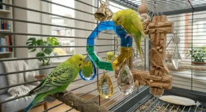 Colourful acrylic mirror toy for budgies, durable and easy to clean for daily cage use.