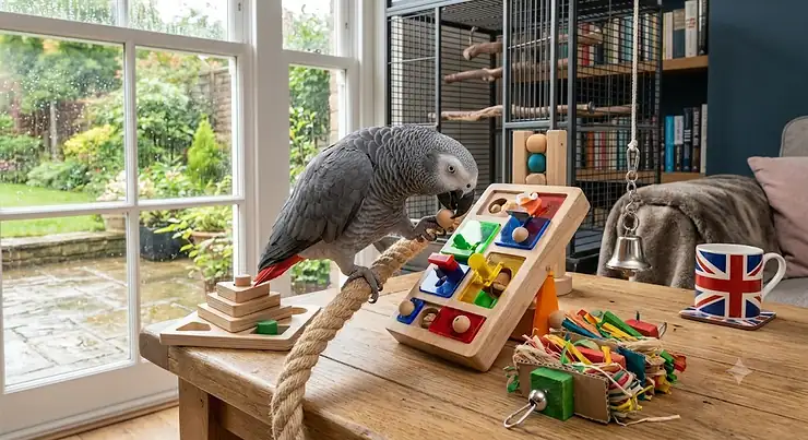 A high-resolution, photorealistic photograph of an African Grey parrot with colourful and varied wooden puzzle toys on a rustic oak table in a modern, naturally lit British home. intelligent toys for african grey
