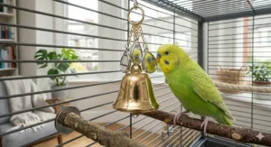 A hanging mirror toy for budgies with an attached brass bell to provide auditory stimulation.