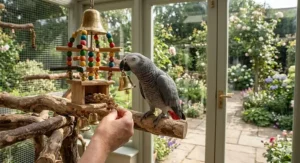 Graphic showing a bird engaging with multiple bell toys for birds to promote healthy foraging behaviour.