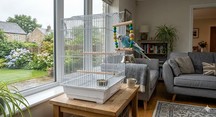 A selection of durable, non-toxic bell toys for birds displayed on a wooden perch, perfect for enrichment. bell toys for birds