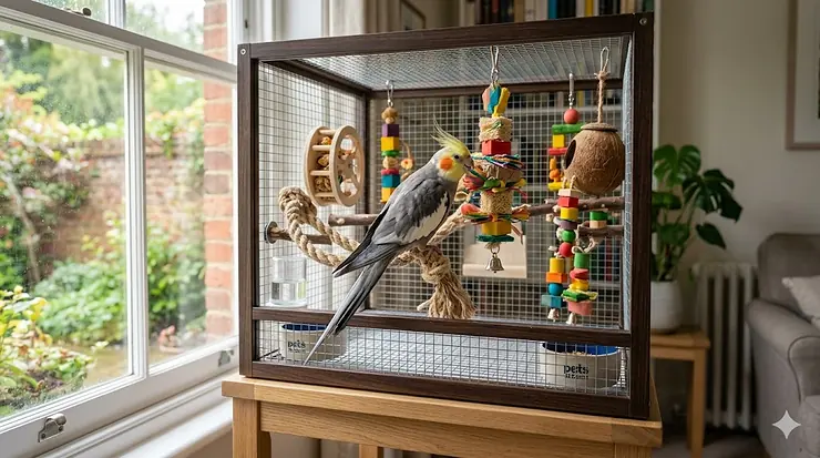 A happy cockatiel playing with a colourful collection of natural foraging and chew toys. cockatiel boredom toys