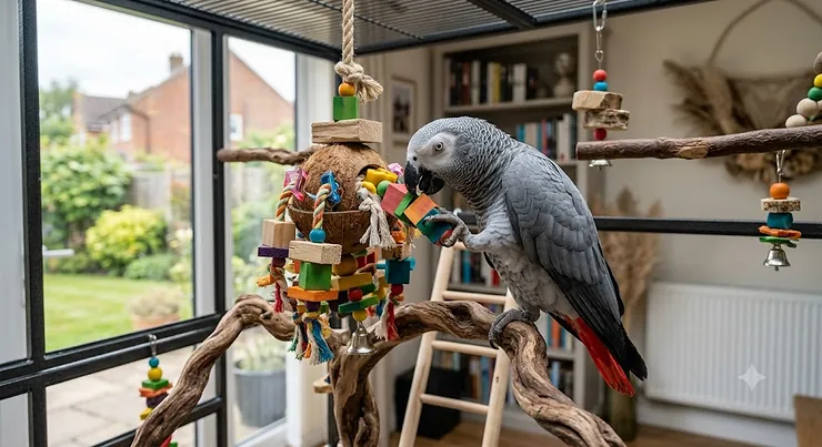 An African Grey parrot playing with a colourful, stimulating enrichment toy. toys for african grey parrots