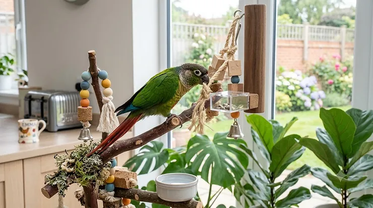 A colourful green-cheeked conure actively foraging for treats inside a wooden enrichment toy. toys for conures