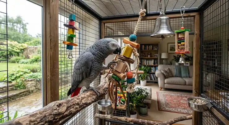 Large parrot standing on a natural wooden perch, essential for foot health. toys for large parrots