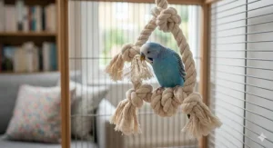 A round, small, bird-safe mirror encased in a wooden ring and decorated with sisal rope and a few colourful beads.