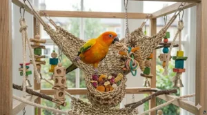 Large, woven activity net for parrots to climb, hang, and explore within their cage environment.
