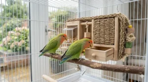 Two lovebirds interacting with a wooden cage-mounted toy featuring natural materials and textures.