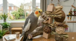 Close-up of a cockatiel exploring a puzzle feeder filled with sunflower seeds, demonstrating active enrichment for pet birds.