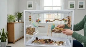 A detailed view of a clean, white-framed budgie cage in a UK home, set up with multiple enrichment boredom breakers, including natural perches and foraging feeders.