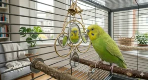 A budgie-sized swing toy with a built-in mirror, designed for active pet birds in their cage.