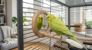 A small mirror toy for budgies featuring an integrated wooden perch for comfortable playing.