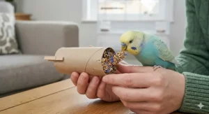 A pet budgie perched on an intricate natural wood activity tree, interacting with a foraging toy held by a woman in a bright, contemporary UK living space.