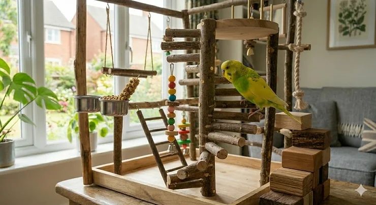 A budgie actively exploring and perching on its natural wooden activity centre. budgie play gym