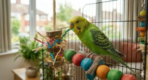 A safe, non-toxic mirror toy for budgies, placed securely within a cage to provide visual stimulation.