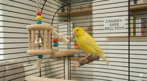 A non-toxic, safe bell toy for canaries, featuring colourful beads and natural wood.