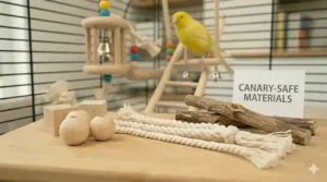 Close-up of non-toxic, natural materials, such as Java wood and cotton, used in high-quality toys for canaries.