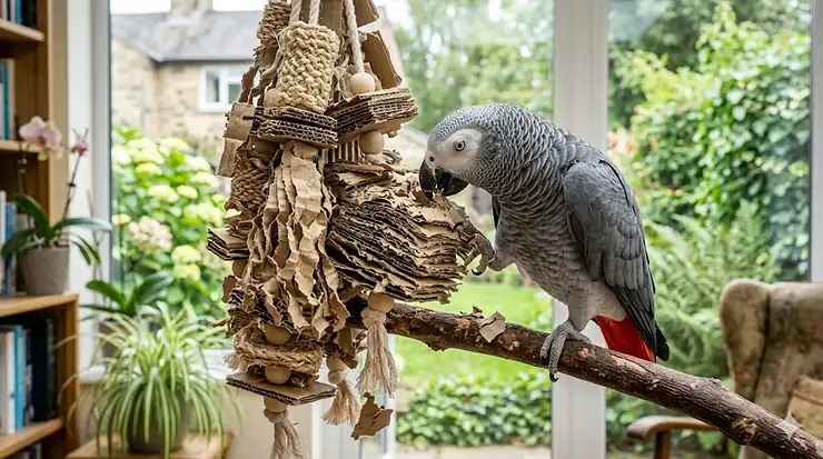 A vibrant parrot happily busy with a DIY cardboard shredding toy, promoting enrichment. cardboard shredding toys for parrots