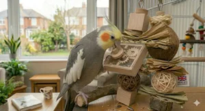 A cockatiel carefully examining a wooden rotating toy, designed for training and rewarding positive behaviour through play.