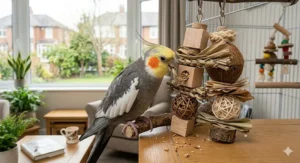 A cockatiel interacting with a natural wooden foraging toy filled with seeds, designed to encourage natural problem-solving behaviour.