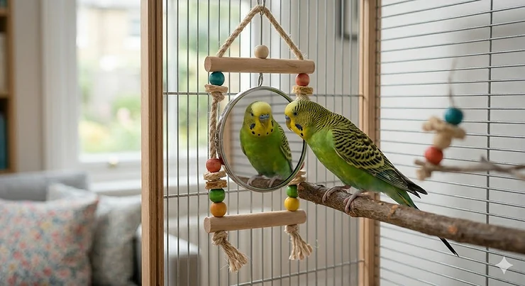 A close-up of a small green and yellow budgie actively climbing a vertical wooden bead ladder with colourful rungs, inside a bird cage. toys for small birds