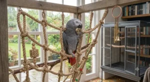 A highly detailed 4K photorealistic photograph of the African Grey parrot manipulating the complex wooden gear-powered treat dispenser within its rope climbing structure.