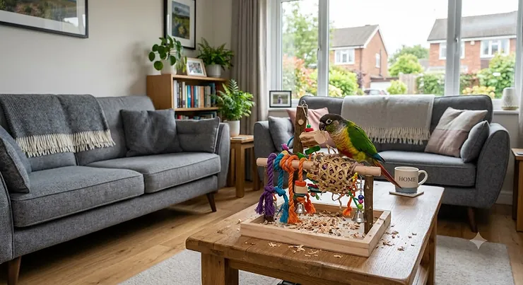 A vibrant, multi-textured collection of enrichment toys designed to encourage natural foraging and beak health in conures. conure enrichment toys