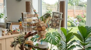 A conure playing with a colourful cotton rope and natural coconut husk foot toy.