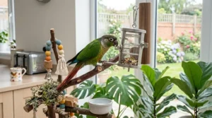 A small parrot interacting with a barrel-shaped foraging toy to reach hidden treats.