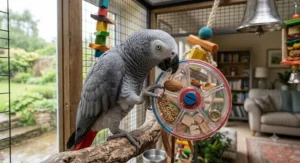 Interactive puzzle toy designed to challenge a large parrot's problem-solving skills.