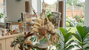 A conure preening on a complex hanging toy made from natural loofah, rope, and wood.