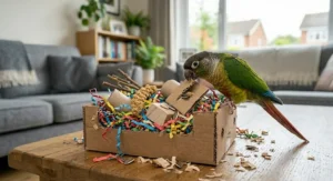 A simple DIY cardboard foraging box filled with crinkle paper, helping to keep a conure entertained at home.
