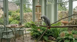 A homemade musical foraging toy filled with safe materials to keep parrots occupied.