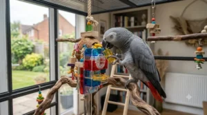 An intelligent parrot solving a complex, durable acrylic puzzle toy for birds.