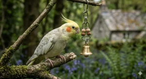 A calm cockatiel perched next to a durable metal bell toy, a staple accessory for pet bird cages.