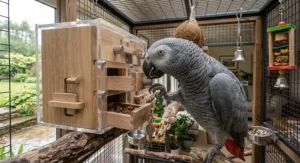 Stainless steel hanging toy for large parrots, perfect for heavy chewers.