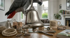 Hygienic, easy-to-clean stainless steel bell toy for parrots to keep play areas clean.