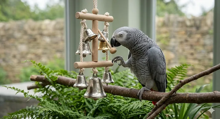 A colourful hanging musical toy for parrots, featuring bells and wooden blocks to encourage natural pecking behaviour. musical toys for parrots