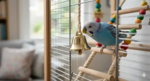 A coiled sisal rope bird perch, showing the rough texture and natural fibre, mounted to the inside of a wooden bird cage.