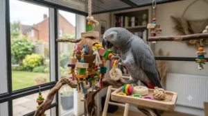 A collection of lightweight foot toys that a parrot can easily hold and manipulate.