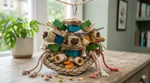 Interactive foraging puzzle toy filled with treats to stimulate a parrot's natural searching instincts.