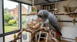 A parrot searching for treats hidden inside a durable, reusable foraging ball.
