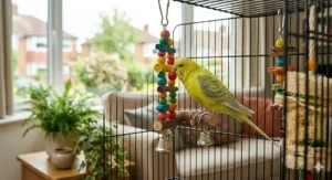 A small interactive foraging toy for budgies designed to hide treats and encourage natural pecking behaviour.