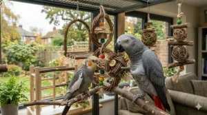 A hollow grapevine toy stuffed with dried forage and treats to encourage natural bird foraging behaviours.