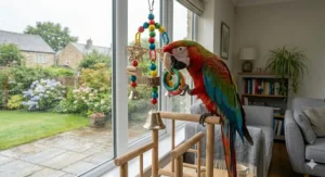 A large parrot interacting with a colourful hanging bell toy designed for beak stimulation.