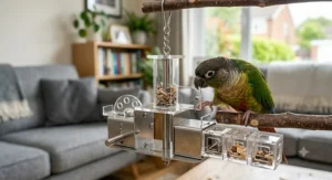 A hanging puzzle toy for conures, designed to be filled with seeds or treats to stimulate problem-solving.